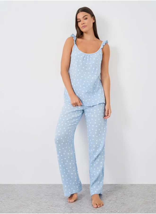 ستايلي Styli All-Over Daisy Print Cotton Gauze Ruffle Shoulder Cami and Pyjama Set