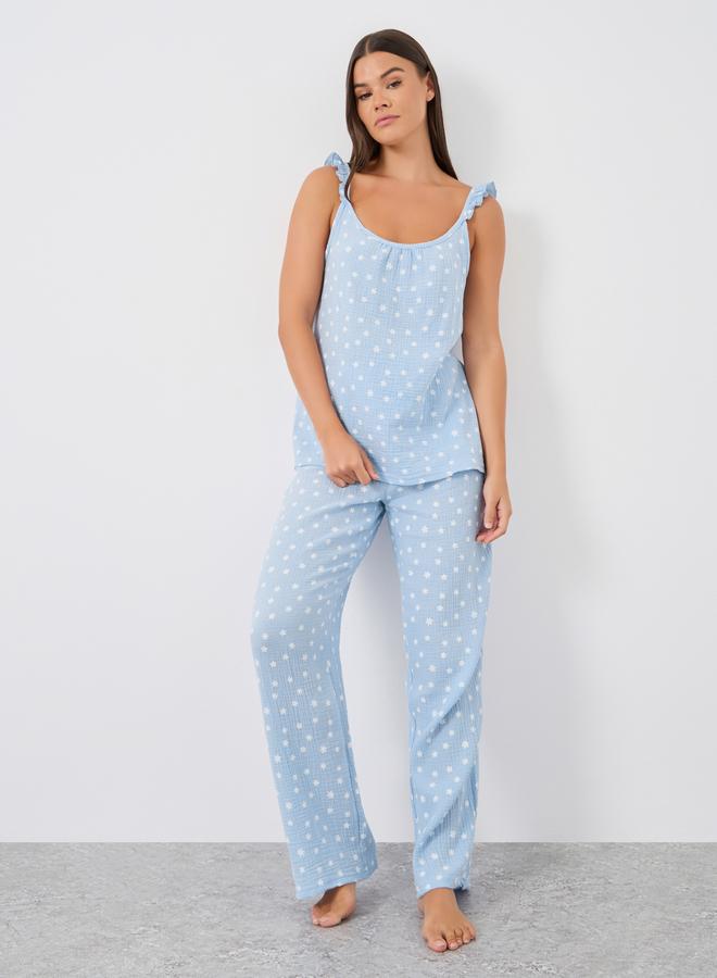 Styli All-Over Daisy Print Cotton Gauze Ruffle Shoulder Cami and Pyjama Set - Image 1