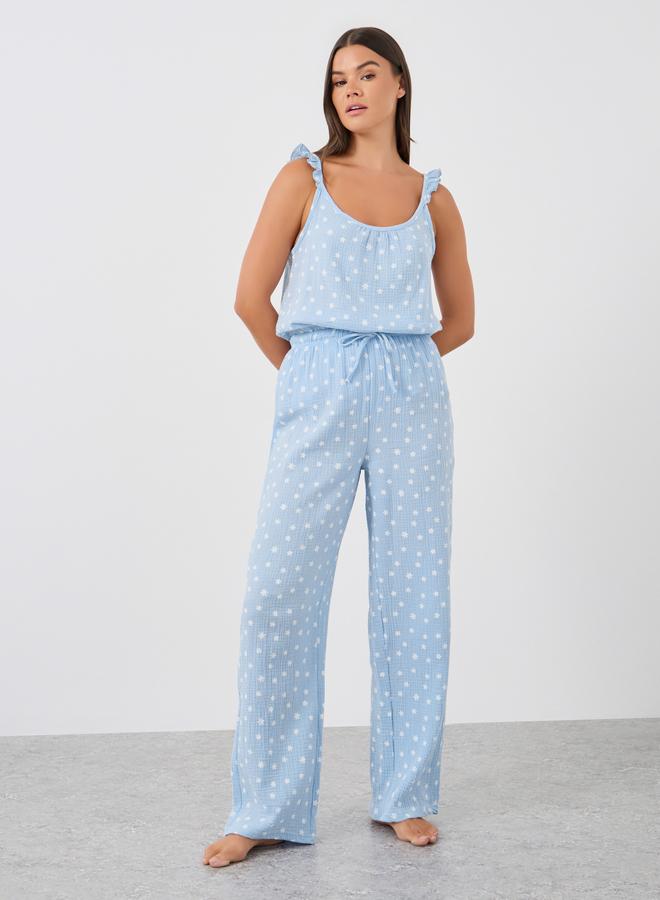 Styli All-Over Daisy Print Cotton Gauze Ruffle Shoulder Cami and Pyjama Set - Image 3