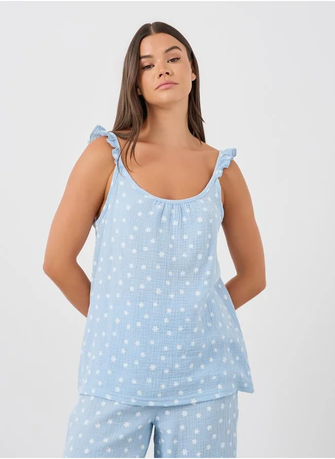 ستايلي Styli All-Over Daisy Print Cotton Gauze Ruffle Shoulder Cami and Pyjama Set
