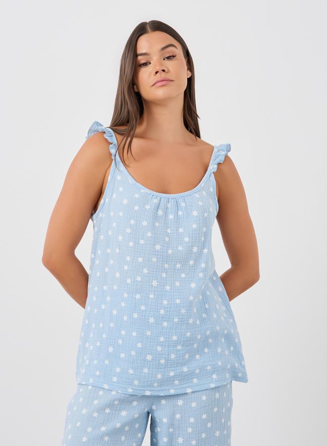 Styli All-Over Daisy Print Cotton Gauze Ruffle Shoulder Cami and Pyjama Set - Image 2