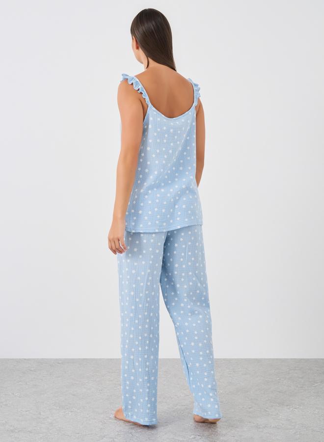 Styli All-Over Daisy Print Cotton Gauze Ruffle Shoulder Cami and Pyjama Set - Image 5