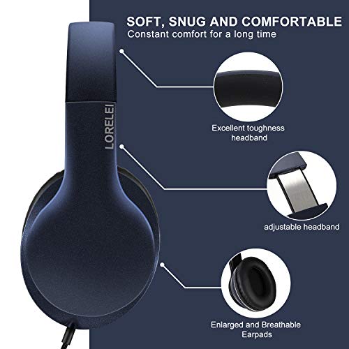 LORELEI X6 Over-Ear Headphones with Microphone, Lightweight Foldable & Portable Stereo Bass Headphones with 1.45M No-Tangle, Wired Headphones for Smartphone Tablet MP3 / 4 (Dark Blue) - Image 4