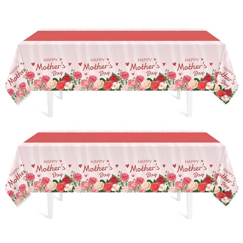 Childom 2 Pack Mothers Day Tablecloth,Mother's Day Party Decorations,54" x 108" Plastic Disposable Tablecloths for Rectangle,Plastic Table Covers for Mom Birthday Party Supplies Holiday Buffet Table - Image 1
