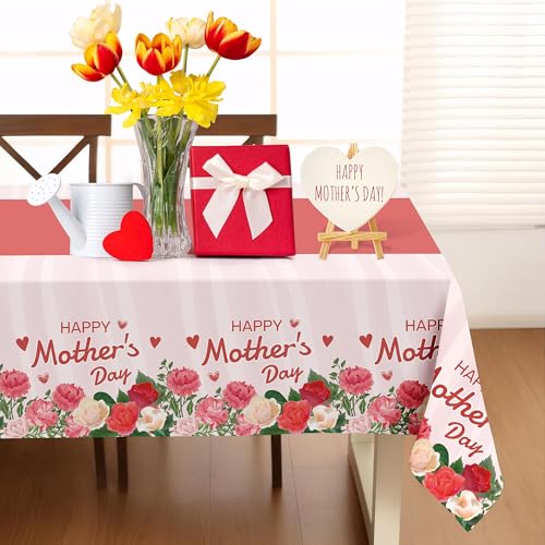 Childom 2 Pack Mothers Day Tablecloth,Mother's Day Party Decorations,54" x 108" Plastic Disposable Tablecloths for Rectangle,Plastic Table Covers for Mom Birthday Party Supplies Holiday Buffet Table - Image 4