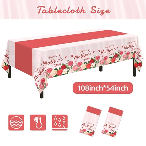 Childom 2 Pack Mothers Day Tablecloth,Mother's Day Party Decorations,54" x 108" Plastic Disposable Tablecloths for Rectangle,Plastic Table Covers for Mom Birthday Party Supplies Holiday Buffet Table - Image 2