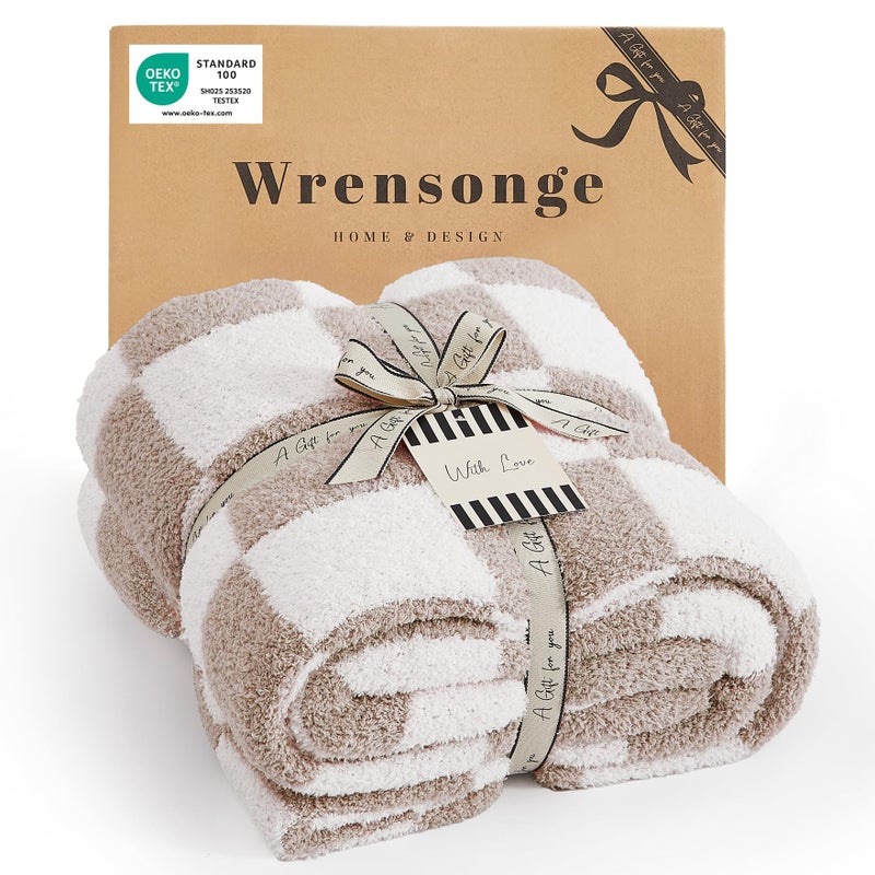 WRENSONGE Checkered Throw Blanket, Taupe Microfiber Soft Cozy Fluffy Warm Hand Made Throw Blankets for Couch, Sofa, Chair, Bed, Camping, Picnic, Travel Lightweight Bed Blanket - 50"*70" - Image 1