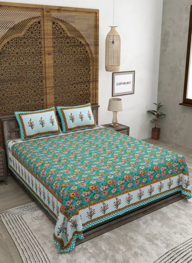 CLOTHOLOGY CLOTHOLOGY Blue & Red Printed Pure Cotton 180 TC King Bedsheet Set