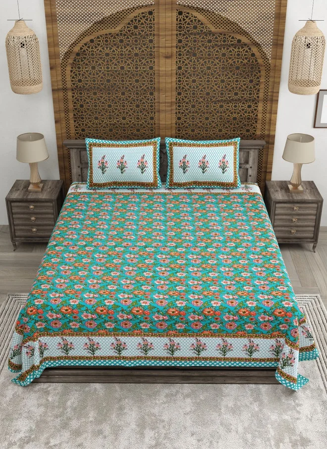 CLOTHOLOGY CLOTHOLOGY Blue & Red Printed Pure Cotton 180 TC King Bedsheet Set