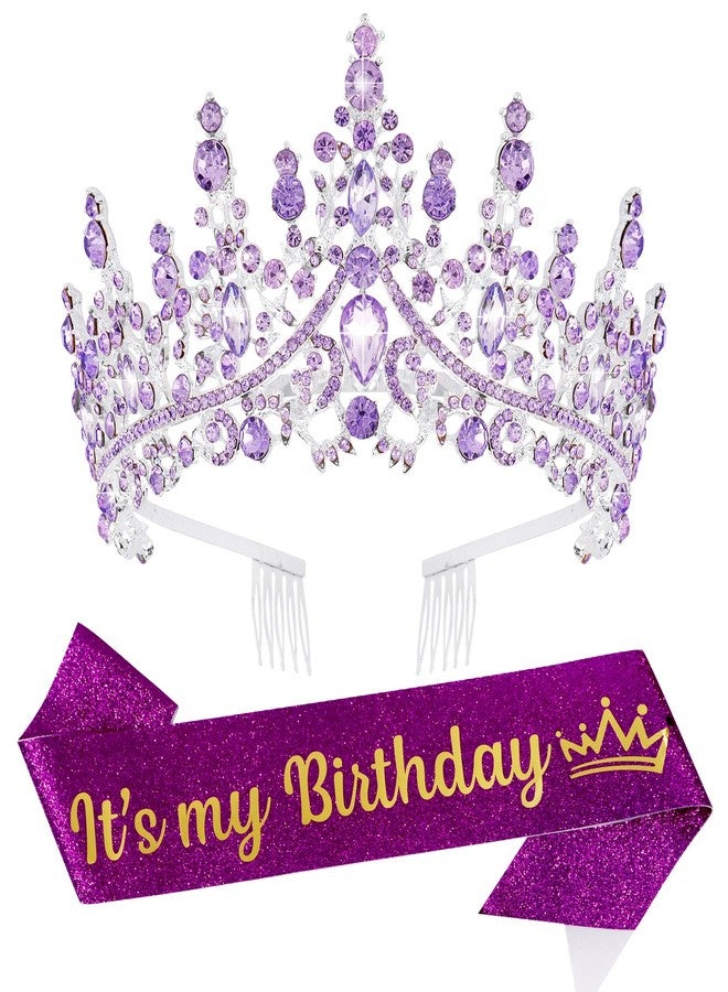 VELSCRUN Purple Crystal Birthday Tiara Crowns for Women Girls It's My Birthday Sash Queen Girls Princess Crown with Combs Happy Birth Party Decorations Mom Sisters Birth Gift Hair Accessories - Image 1