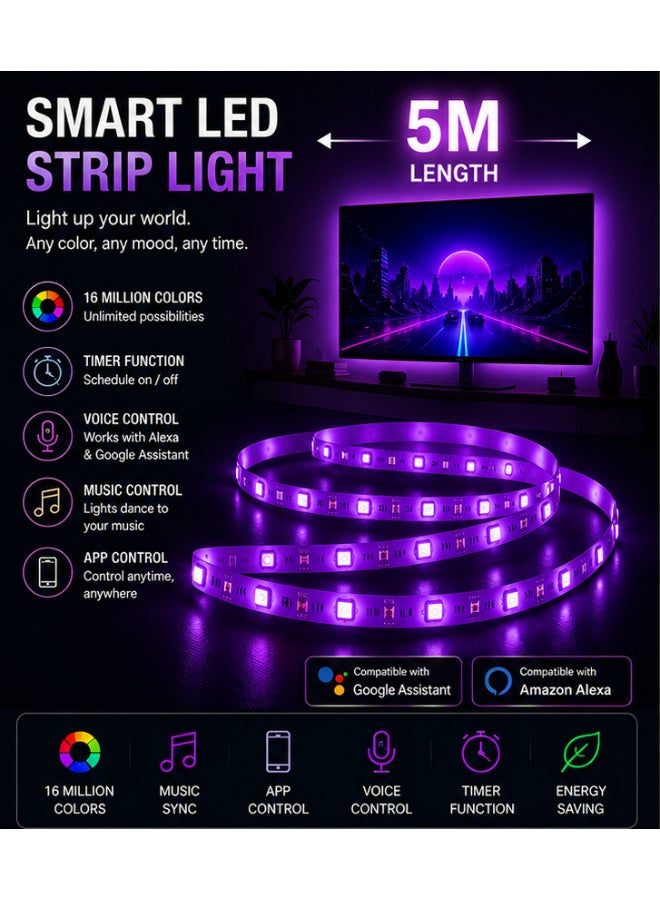 Smart RGB LED Strip Light 5M – App & Voice Control, Music Sync, 16 Million Colors, WiFi Smart LED Light Strip Compatible with Alexa & Google Assistant - Image 1