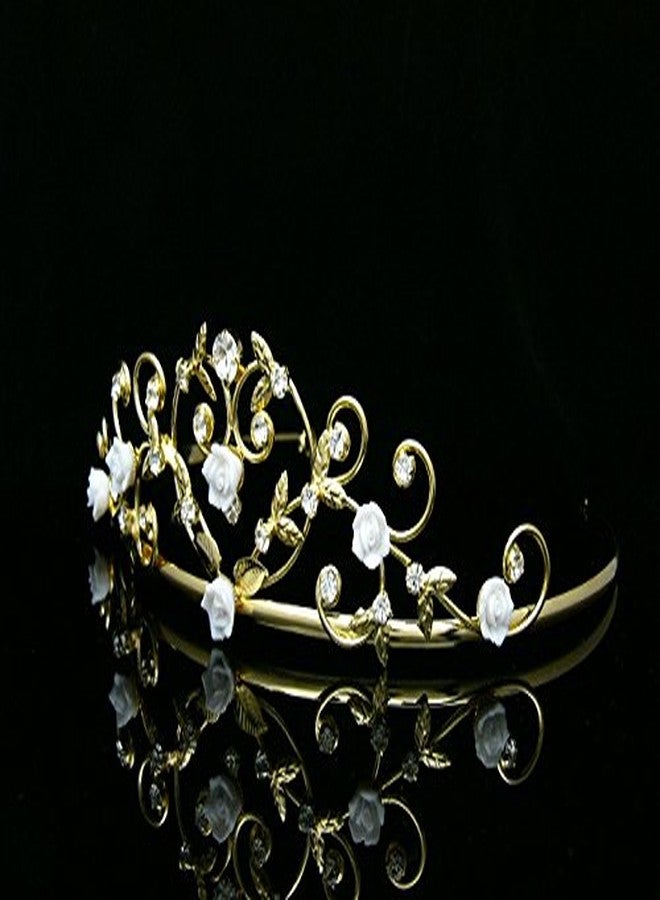 SAMKY Rose Flower Rhinestone Crystal Wedding Tiara Crown - White Roses Gold Plating - Image 5