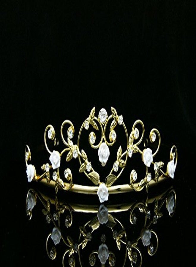 SAMKY Rose Flower Rhinestone Crystal Wedding Tiara Crown - White Roses Gold Plating - Image 3