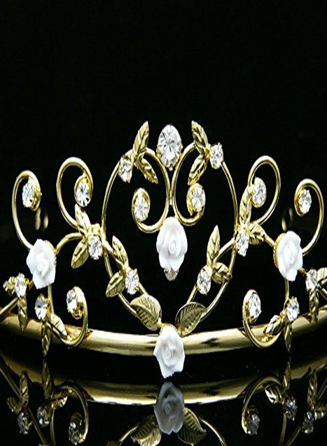 SAMKY Rose Flower Rhinestone Crystal Wedding Tiara Crown - White Roses Gold Plating - Image 4