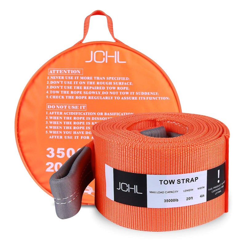 JCHL JCHL Recovery Tow Strap Heavy Duty Draw String 4" x20ft 35000LBS (18TON) Rated Capacity Off Road Towing Rope Reinforced Loops Storage Bag Emergency Tow - Image 1
