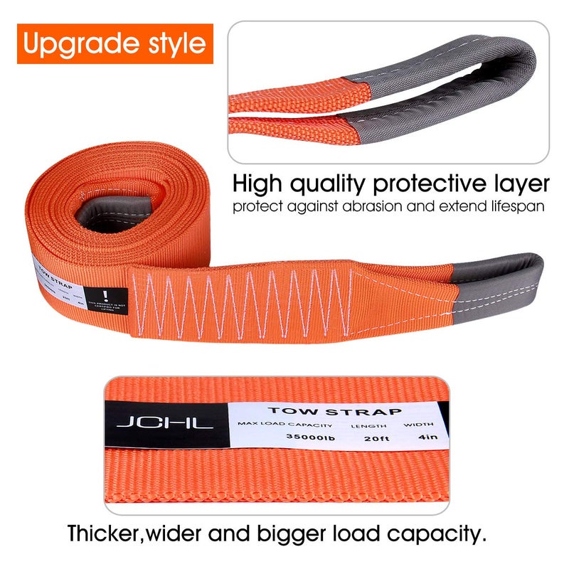 JCHL JCHL Recovery Tow Strap Heavy Duty Draw String 4" x20ft 35000LBS (18TON) Rated Capacity Off Road Towing Rope Reinforced Loops Storage Bag Emergency Tow - Image 2