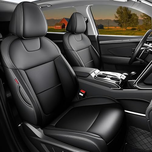 HKZ أغطية مقاعد جلدية مخصصة تناسب هيونداي توسان بنزين 2022 2023 2024 2025 (XRT,SE,SEL,N Line,Limited) مجموعة كاملة 5 مقاعد - أسود - Image 1