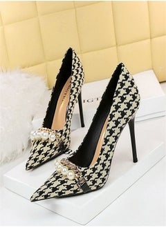 BIGTREE Pearl Chain Plaid High Heels 9.5CM Multicolour 