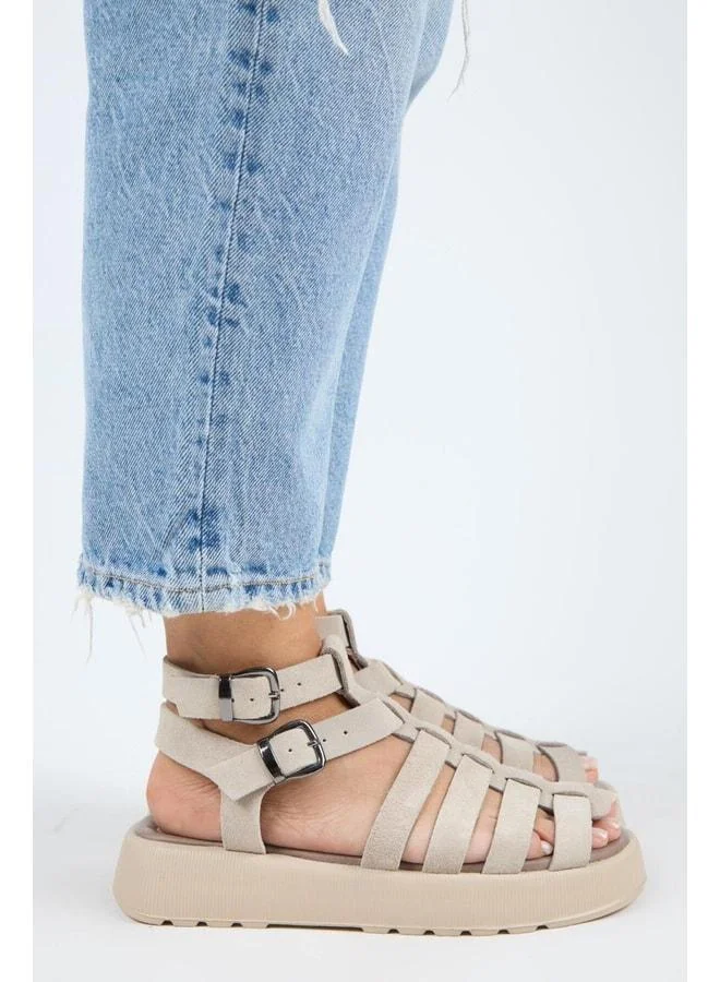 Benia Women's Genuine Leather Caged Sandal Beige