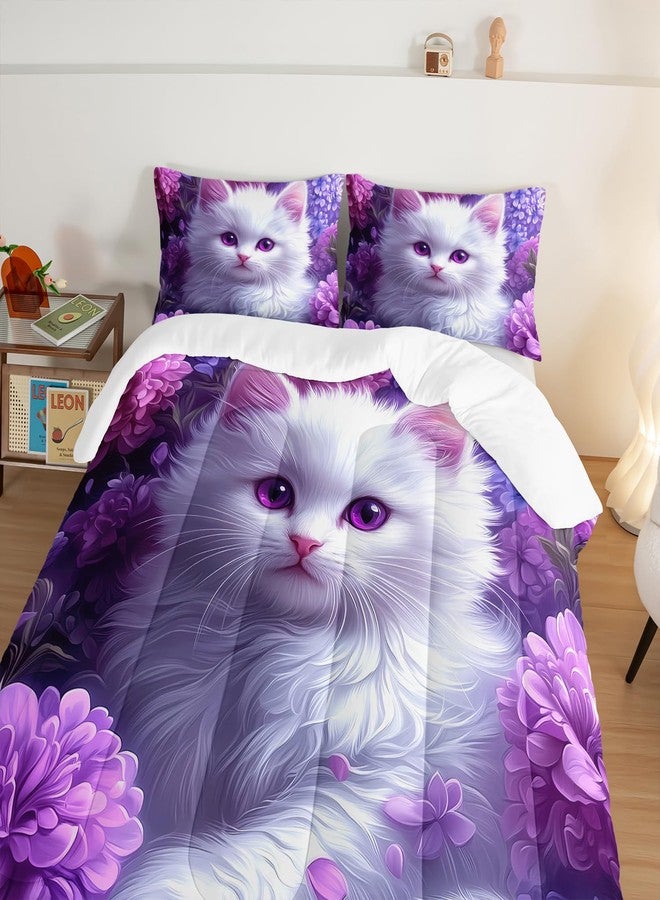 HOSIMA Cat Twin Bedding Sets for Girls Room Decor,Cat Surrounded by Flowers Print Lightweight Cute Comforter,Fluffy Animal Themed Princess Bedding for Kids Teens with 2 Pillowcases. - Image 4