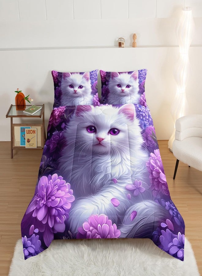HOSIMA Cat Twin Bedding Sets for Girls Room Decor,Cat Surrounded by Flowers Print Lightweight Cute Comforter,Fluffy Animal Themed Princess Bedding for Kids Teens with 2 Pillowcases. - Image 2