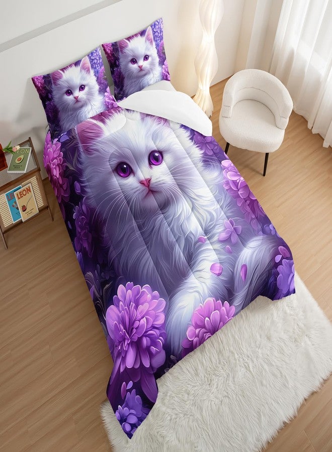 HOSIMA Cat Twin Bedding Sets for Girls Room Decor,Cat Surrounded by Flowers Print Lightweight Cute Comforter,Fluffy Animal Themed Princess Bedding for Kids Teens with 2 Pillowcases. - Image 3