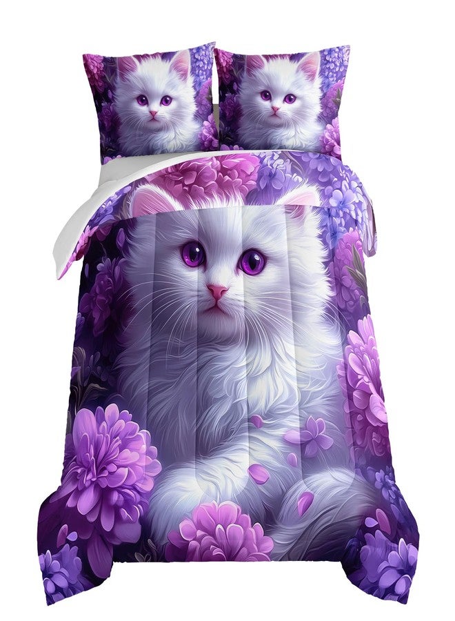 HOSIMA Cat Twin Bedding Sets for Girls Room Decor,Cat Surrounded by Flowers Print Lightweight Cute Comforter,Fluffy Animal Themed Princess Bedding for Kids Teens with 2 Pillowcases. - Image 1