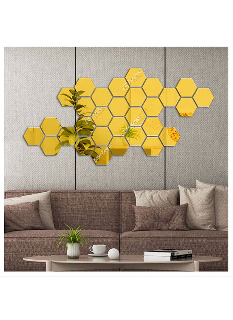 Bikri Kendra Bikri Kendra Ind Hexagon 30 Gold Mirror Stickers for Wall Acrylic Mirror Wall Decor Sticker Hexagonal Mirror Wall Sticker Wall Mirror Stickers Wall Stickers for Hall Room Bed Room 