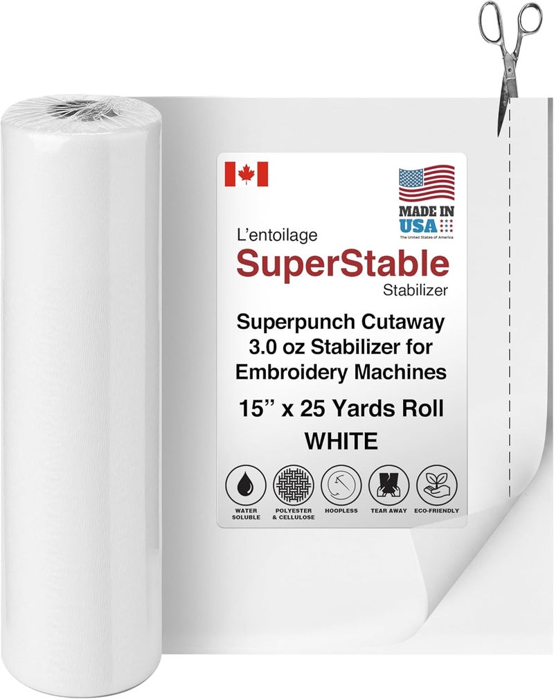 Superpunch Cutaway 3.0 oz Stabilizer for Embroidery Machines, SuperStable White Thick Cut Away Stabilizer-15 inch x 25 Yard Roll, Cut Away Machine Embroidery Stabilizer Backing - Made in USA - Image 1