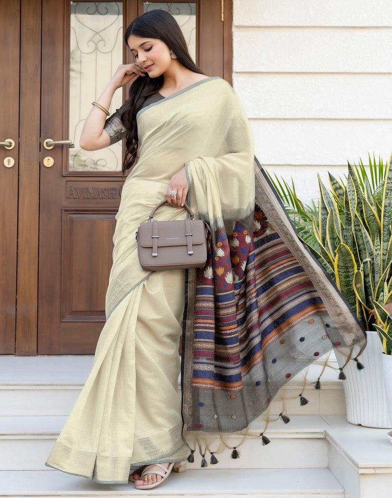 SIRIL Women's Cotton cotton Weaving Tassels Saree With Unstitched Blouse Piece (4934S943_Beige) - Image 3