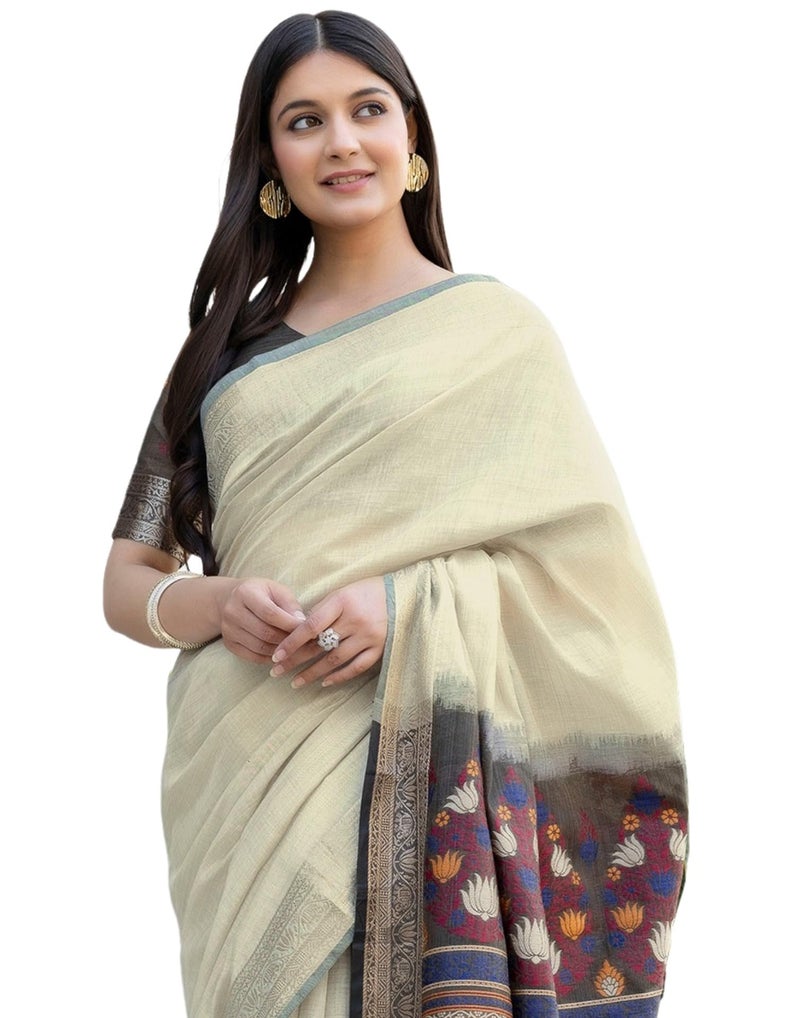 SIRIL Women's Cotton cotton Weaving Tassels Saree With Unstitched Blouse Piece (4934S943_Beige) - Image 1