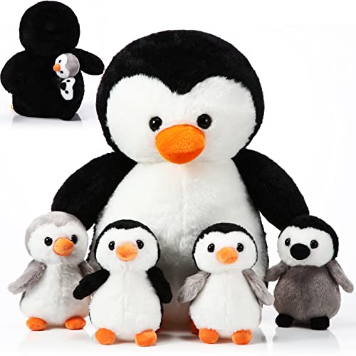 Harrycle 5 Pcs Stuffed Animal Penguin Plush Toy Set 14 Inch Mommy Penguin Stuffed Animal with 4 Cute Babies in Zippered Belly Soft Cuddly Plushie for Kids GiftsLovely Style - Image 1