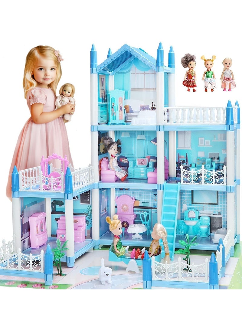 بيت الدمية للفتيات 2 3 4 5 6 7 8 سنوات - بيت الدمى المكون من 3 طوابق و6 غرف مع 3 إكسسوارات إضاءة للدمى والأثاث وحصيرة اللعب، هدية لعبة بيت الأحلام التظاهري للأطفال - Image 1