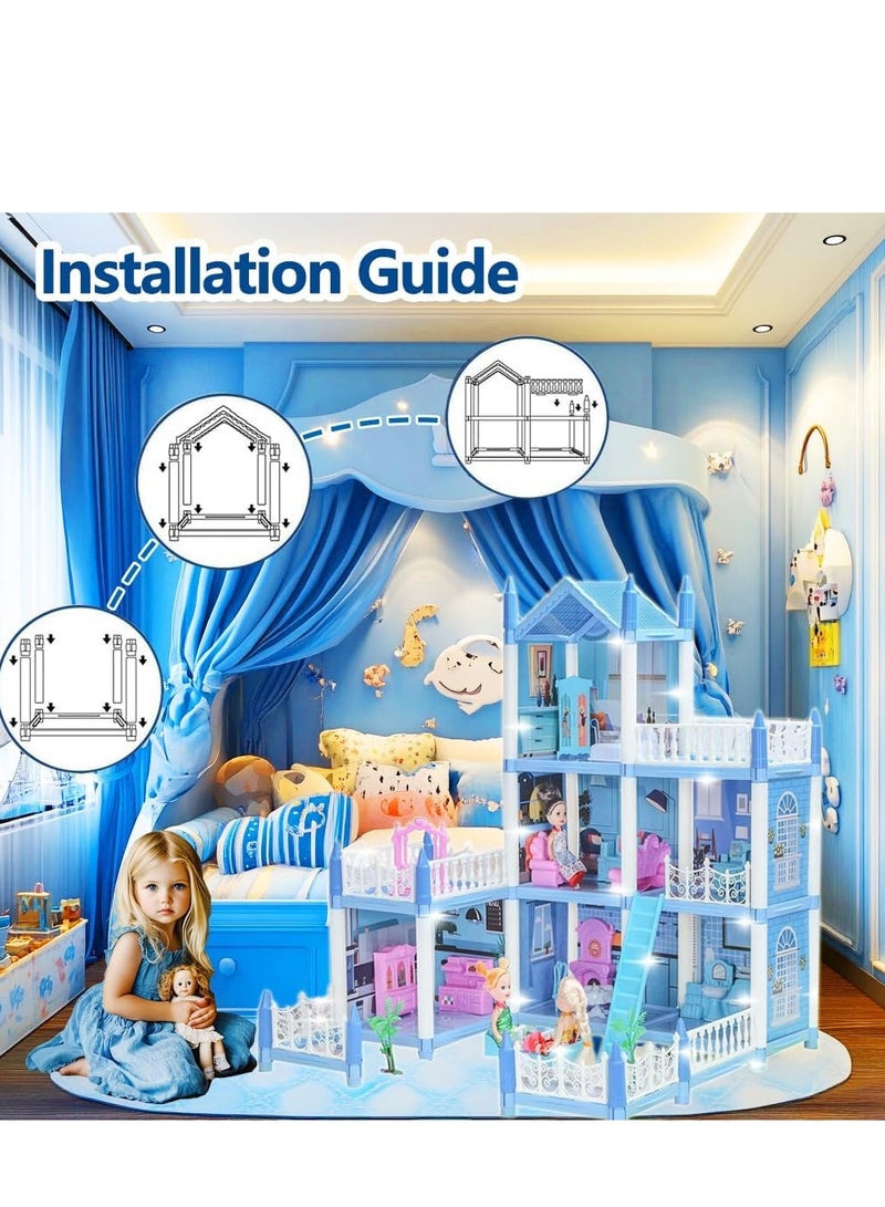 بيت الدمية للفتيات 2 3 4 5 6 7 8 سنوات - بيت الدمى المكون من 3 طوابق و6 غرف مع 3 إكسسوارات إضاءة للدمى والأثاث وحصيرة اللعب، هدية لعبة بيت الأحلام التظاهري للأطفال - Image 3