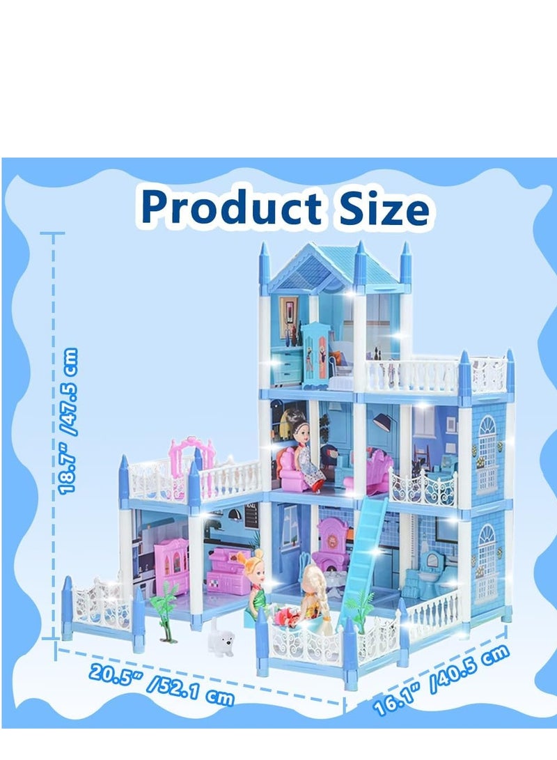 بيت الدمية للفتيات 2 3 4 5 6 7 8 سنوات - بيت الدمى المكون من 3 طوابق و6 غرف مع 3 إكسسوارات إضاءة للدمى والأثاث وحصيرة اللعب، هدية لعبة بيت الأحلام التظاهري للأطفال - Image 4