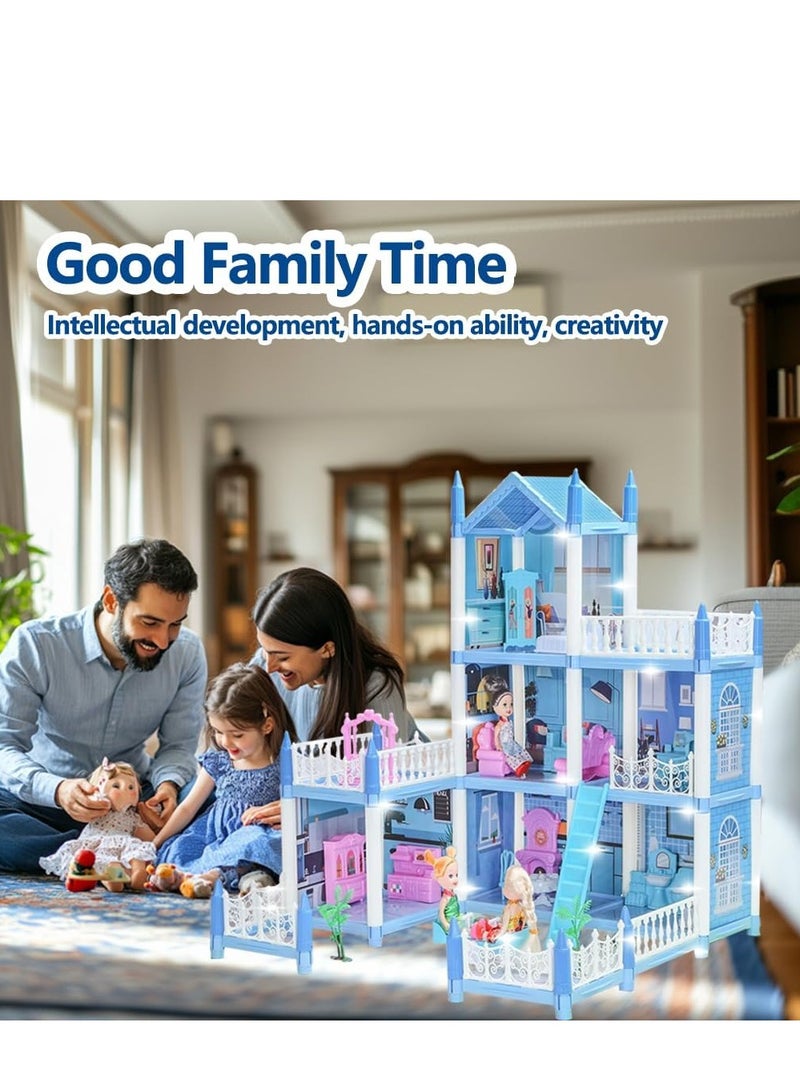 بيت الدمية للفتيات 2 3 4 5 6 7 8 سنوات - بيت الدمى المكون من 3 طوابق و6 غرف مع 3 إكسسوارات إضاءة للدمى والأثاث وحصيرة اللعب، هدية لعبة بيت الأحلام التظاهري للأطفال - Image 5