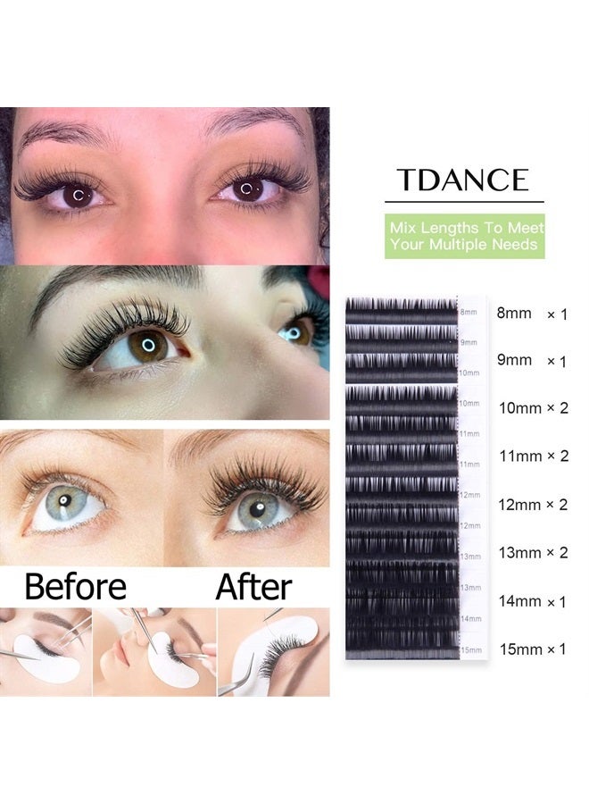 TDANCE Premium D Curl 0.03mm Thickness Semi Permanent Individual Eyelash Extensions Silk Volume Lashes Professional Salon Use Mixed 8-15mm Length In One Tray (D-0.03,8-15mm)