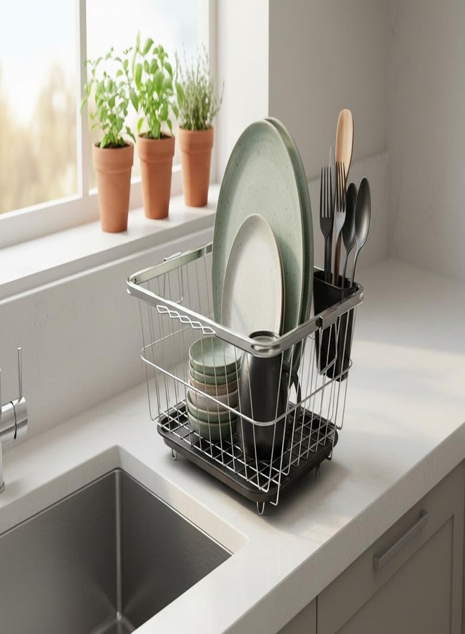 ZINBELL Stainless Steel Kitchen Dish Drainer Rack with Utensil Holder, Dish Drying Rack with Drainer Tray and Spoon Holder, Sturdy and Durable Kitchen Organizer Bartan Basket with a Chrome Finish - Image 1