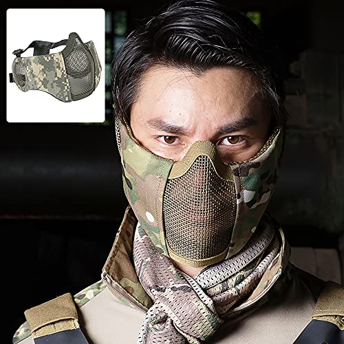 AOUTACC Airsoft Mesh Mask, Half Face Mesh Masks with Ear Protection for CS/Hunting/Paintball/Shooting (Mesh Ear, ACU) - Image 4