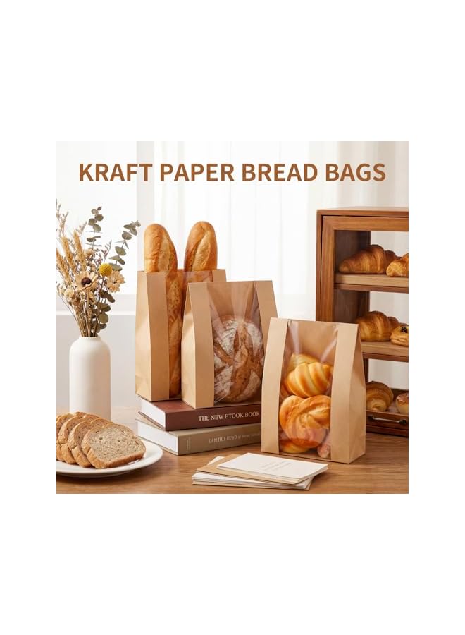 S-TOP 100 Pack Reusable Paper Bread Bags with Stickers & Clear Window, Kraft Food Packaging Storage Bakery Bag Packaging for Homemade Bread, Cookies, Donuts, 8.3 x 4 x 12.6 Inches - Image 2