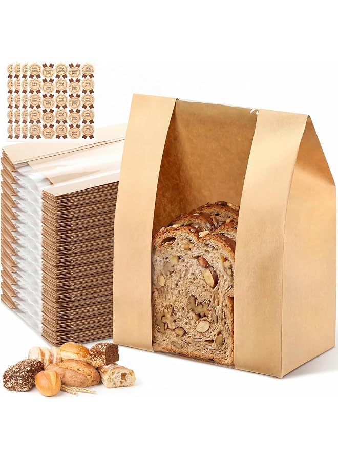 S-TOP 100 Pack Reusable Paper Bread Bags with Stickers & Clear Window, Kraft Food Packaging Storage Bakery Bag Packaging for Homemade Bread, Cookies, Donuts, 8.3 x 4 x 12.6 Inches - Image 1