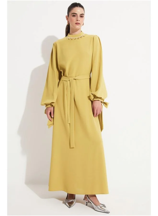 JUNE June  Stone Neck Detailed Balloon Sleeve Dress Light Green