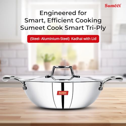 Sumeet Cook Smart TriPly Steel-Aluminium-Steel - 3 Layers Kadhai with Lid - 5 Years Warranty - 3.25Ltr - 26Cm - Kadai - Image 5