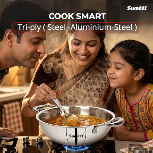 Sumeet Cook Smart TriPly Steel-Aluminium-Steel - 3 Layers Kadhai with Lid - 5 Years Warranty - 3.25Ltr - 26Cm - Kadai - Image 4