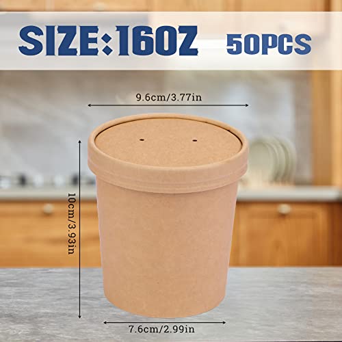 Wuadua 16 oz 50 Pack Disposable Paper Soup Containers with Lids - Takeout Soup Bowls for Noodles, Salad, Restaurant, Catering, Food Storage - Microwave Safe and Refrigeratory Save Bulk Supplies- Brown - Image 2