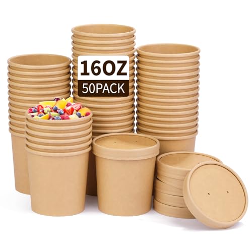Wuadua 16 oz 50 Pack Disposable Paper Soup Containers with Lids - Takeout Soup Bowls for Noodles, Salad, Restaurant, Catering, Food Storage - Microwave Safe and Refrigeratory Save Bulk Supplies- Brown - Image 1