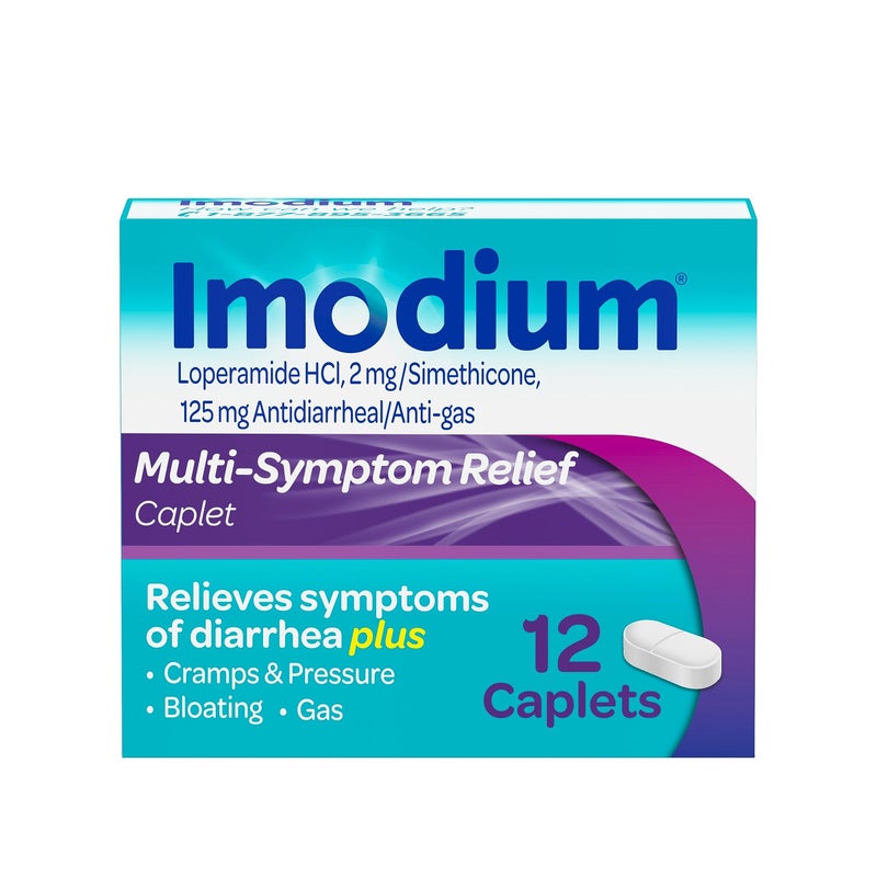 Imodium Multi-Symptom Relief Caplets, Loperamide Hydrochloride & Simethicone Anti-Diarrheal Medicine for Relief of Diarrhea, Gas, Bloating, Cramps & Pressure, HSA/FSA Eligible, 12 ct - Image 1