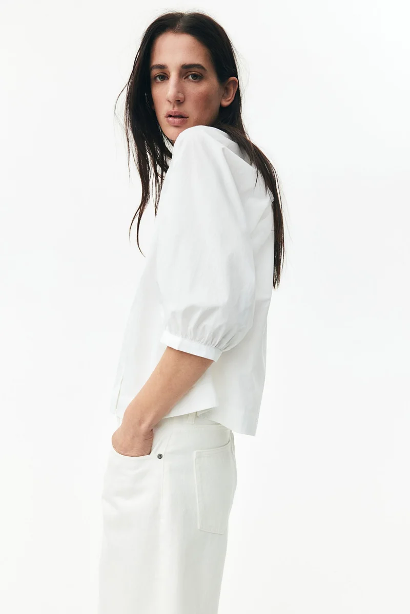 H&M 004-10-100-White Light Balloon-sleeved poplin blouse for Women | Best Price UAE