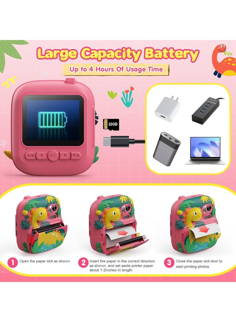 BlueFire Kids Camera Instant Print – Dinosaur-Shaped 12MP Digital Camera with 2.4" IPS Screen, 1080P HD Video, 32GB Memory, Built-in Games & Music Player – Perfect Christmas Birthday Gift for Boys & Girls Ages 3-12 - Image 3