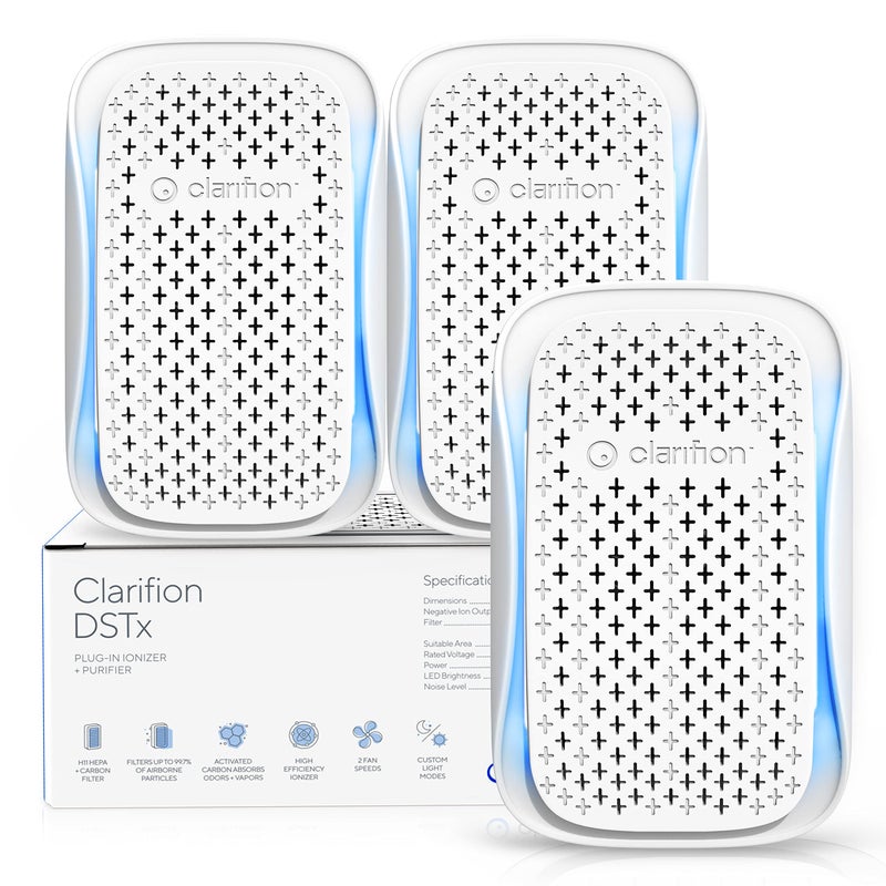 منقي الهواء المحمول Clarifion DSTx 20 حزمة 3 قابلة للتوصيل منقي الهواء الأيوني HEPA فلتر هواء صغير شخصي لمنطقة النوم والحيوانات الأليفة يساعد في الغبار والدخان والغبار العائم والروائح